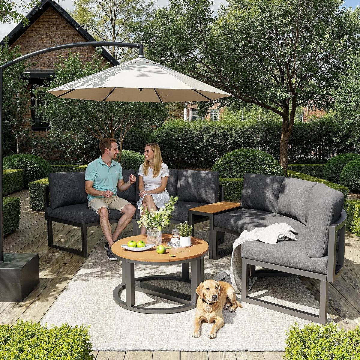 Sofa Easexcy, Olifen, Metal,Kunststoff-Holzimitat, Grau/Weiss, Gartenmöbel-Set für 4-6 Personen, Garten Loungesessel Set