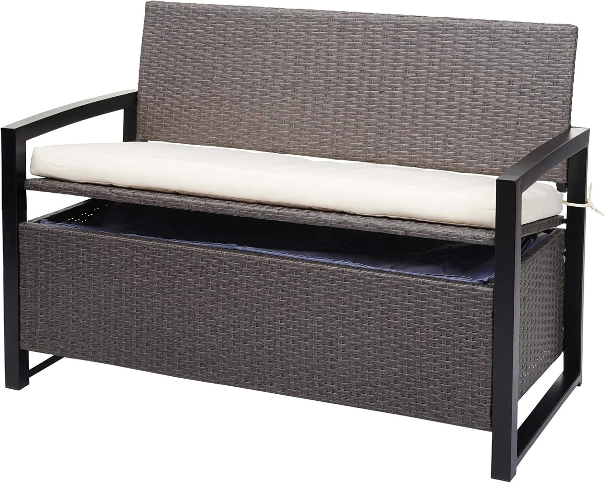 Mendler Sitzbank, Grau/Creme, Poly-Rattan 2er HWC-F39AM, Gartenbank Truhenbank, Staufach Aufbewahrung Sitzkissen - grau-meliert