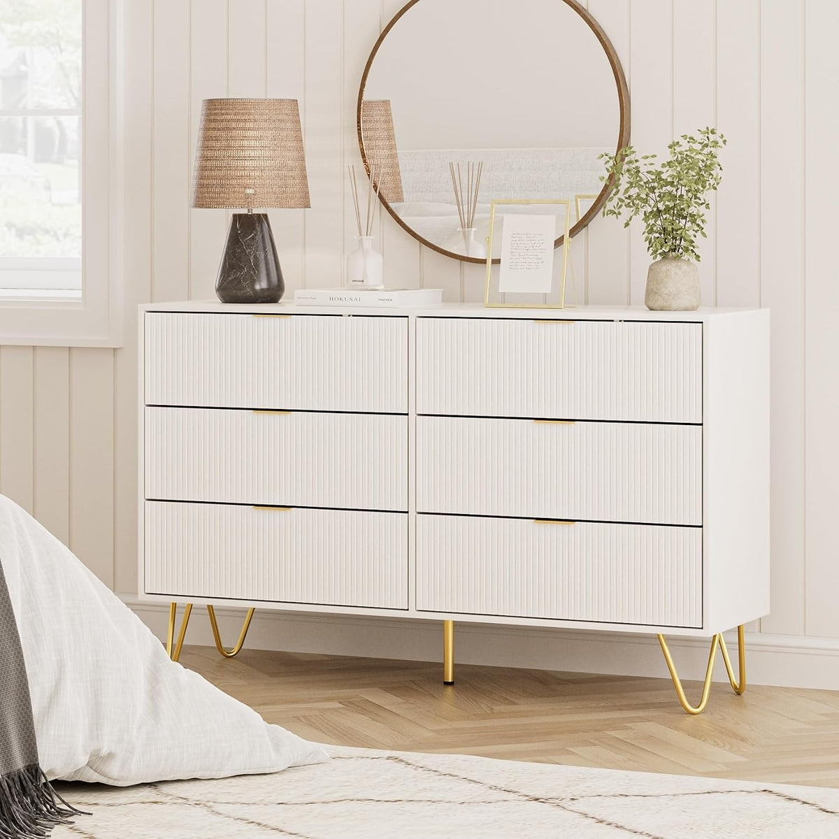 HEYZOEY Sideboard, 120x34x73 cm, Weiss/Gold, Kommode weiss mit 6 Schubladen, Grosse Komodenschrank mit Schubladen, Schubladenschrank Flur