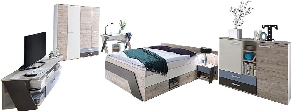 Lomadox Schreibtisch, 140 x 200 cm, Beige/Weiss/Grau/Blau, Jugendzimmer Kinderzimmer Komplett Set, Sandeiche mit weiss Lava blau