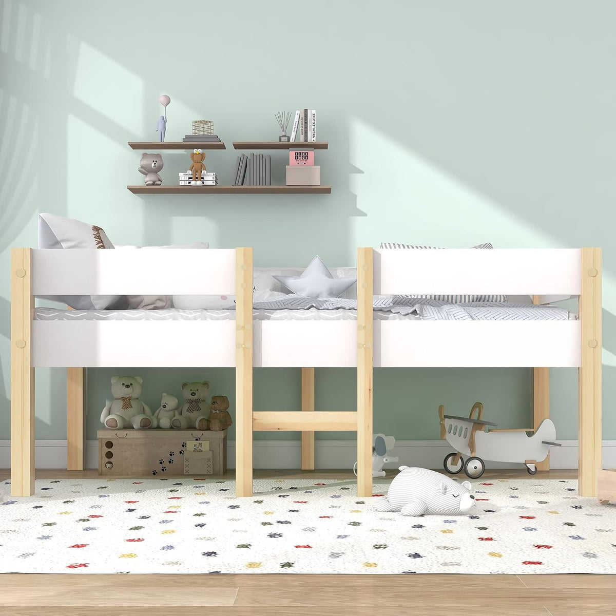 ZIDEY Bett, Weiss/Eiche, Kinderbett Halbhohes 90x200 mit Leiter, Hochbett mit Rausfallschutz & Lattenrost, Jugendbett Einzelbett Holzbett Etagenbett
