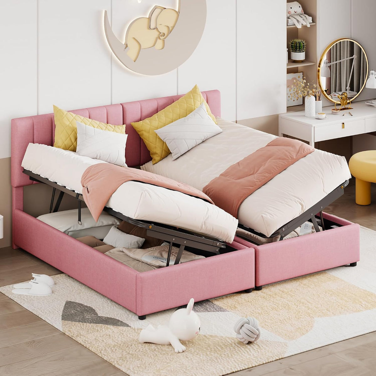 Lexiou Bett, 180x200 cm, Rosa, Polsterbett 180x200 cm, hydraulisches Stauraumbett, hautfreundliches Leinen-Hochkastenbett