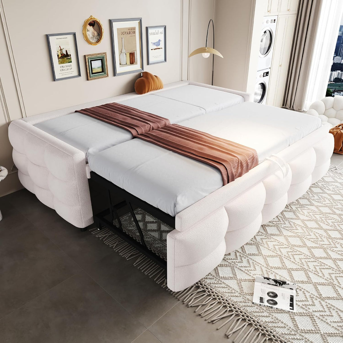 Lcoho Bett, 180x190 cm, Beige, Polsterbett Ausziehbares Schlafsofa (90/ ), Puffbett, Teddy Samt Stoff, Einzelbett