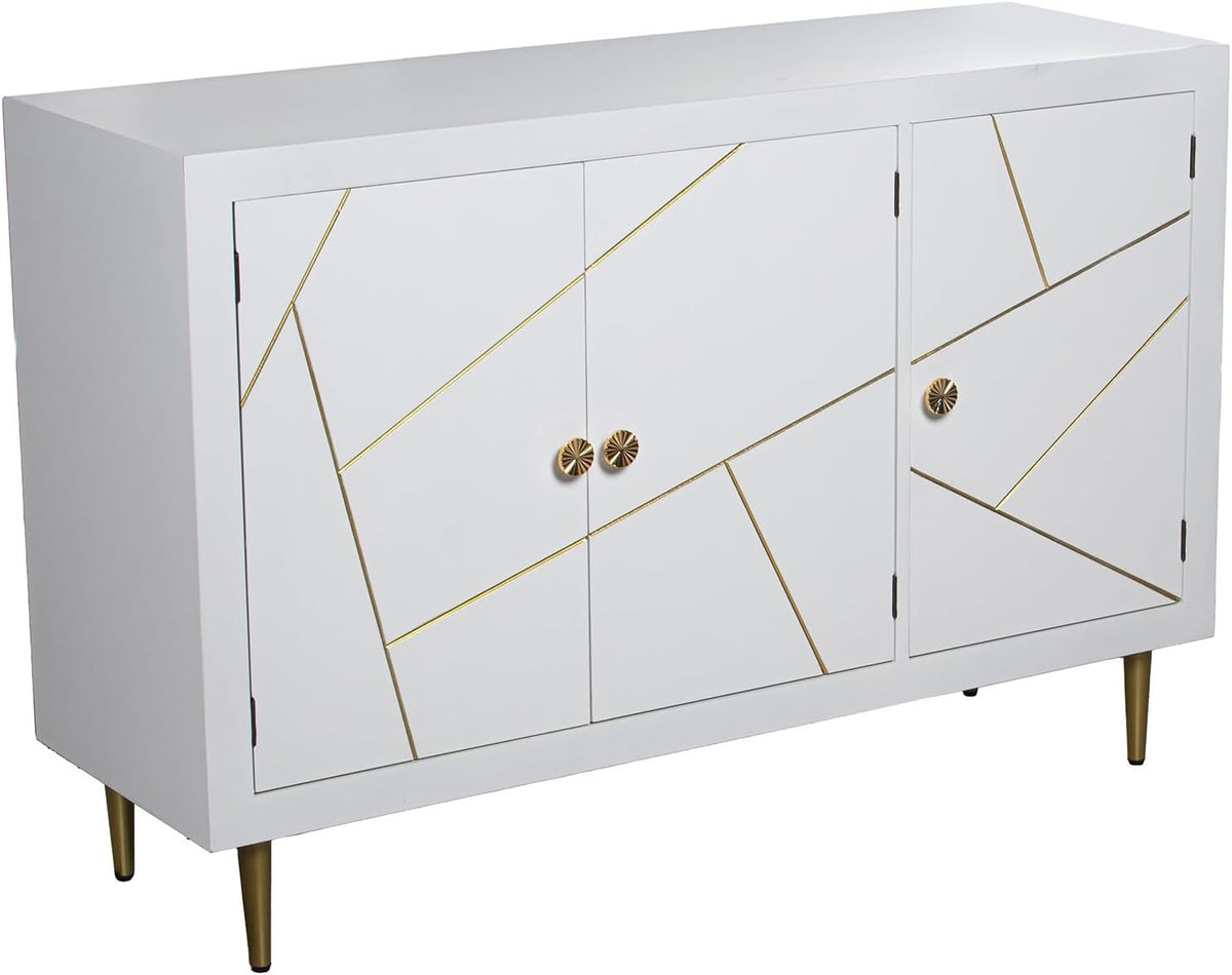 DRW Buffetschrank, 120 x 40 x 80 cm, Weiss/Gold, Anrichte aus Holz mit DREI Türen und Magnetverschluss, in Weiss und Gold