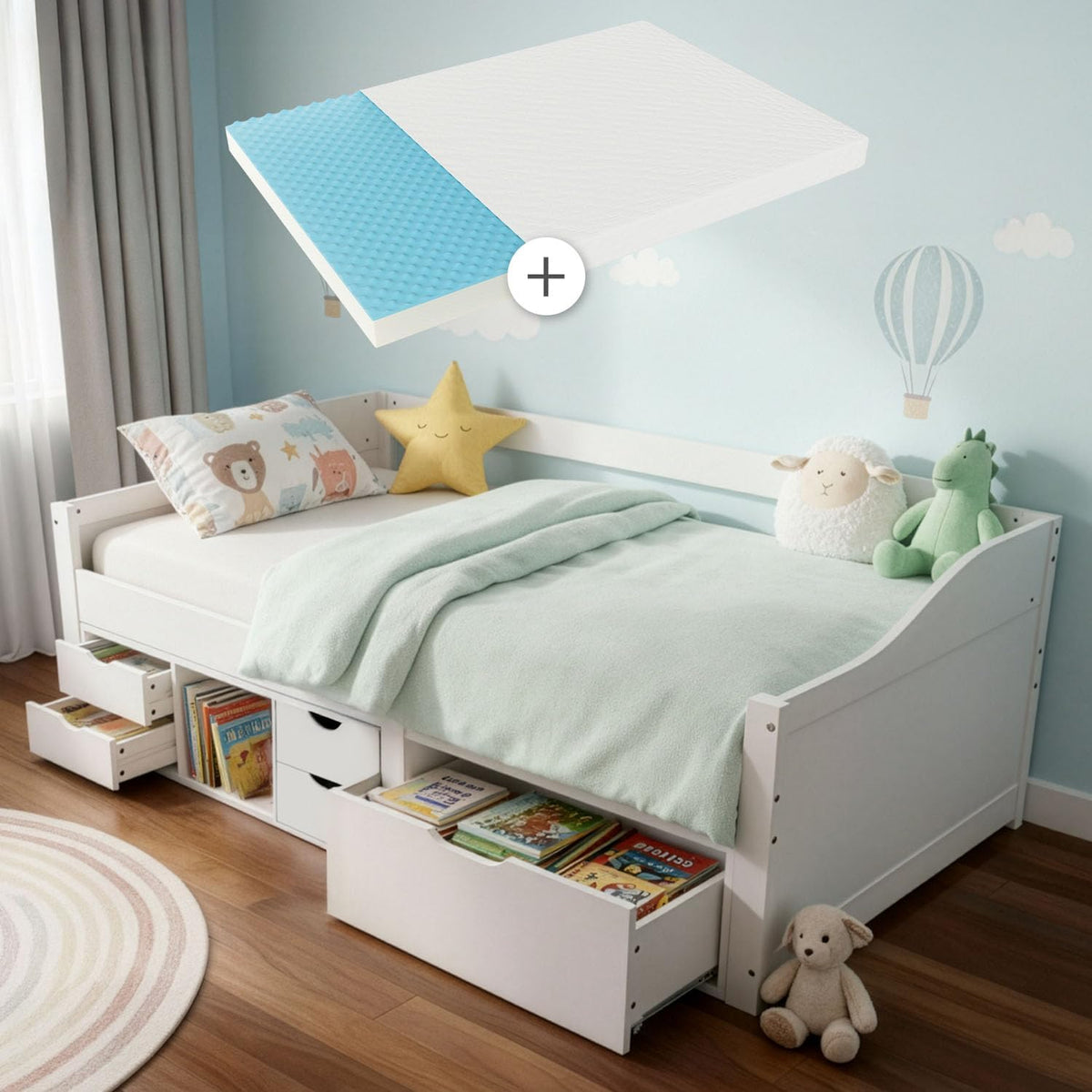 Juskys Matratze, 90x200 cm, Weiss/Blau, Funktionsbett Nalu - Holz Bett mit, Lattenrost & Schubladen - Stauraumbett für Kinder