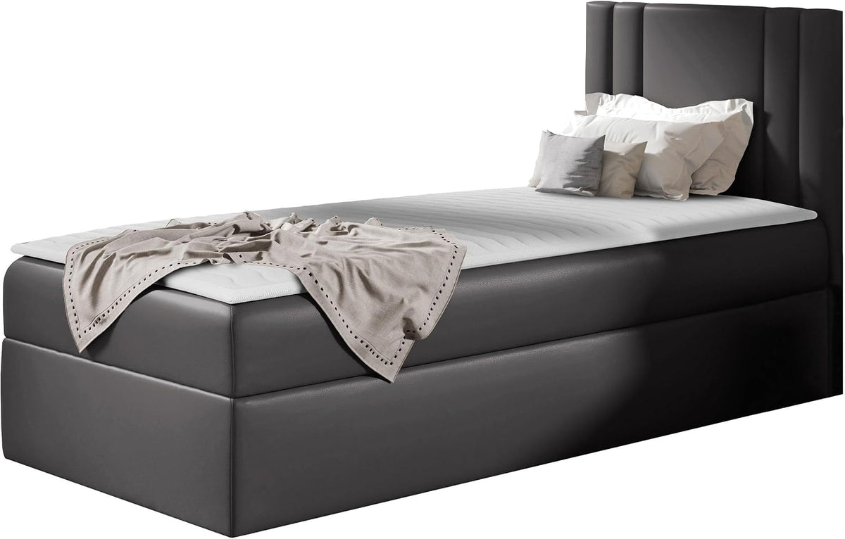 Mirjan24 Boxspringbett, 90 x 200 cm, Grau, mit Bettkasten Harlon Mini, Bettgestell mit Polsterkopfteil, Bonell-Matratze