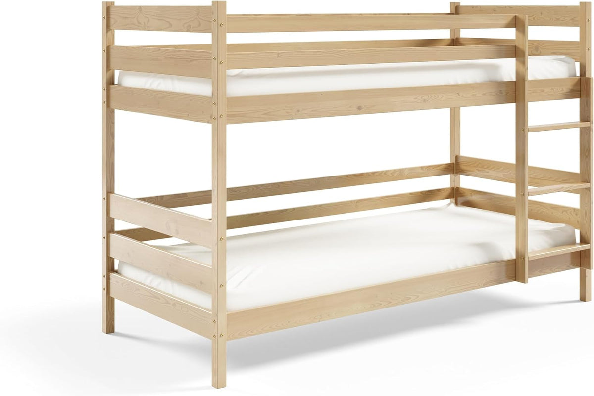 Masseno Bett, Kieferfarben, Etagenbett Simba 80x190, Hochbett mit Treppe, Jugendbett mit Rausfallschutz & Lattenrost