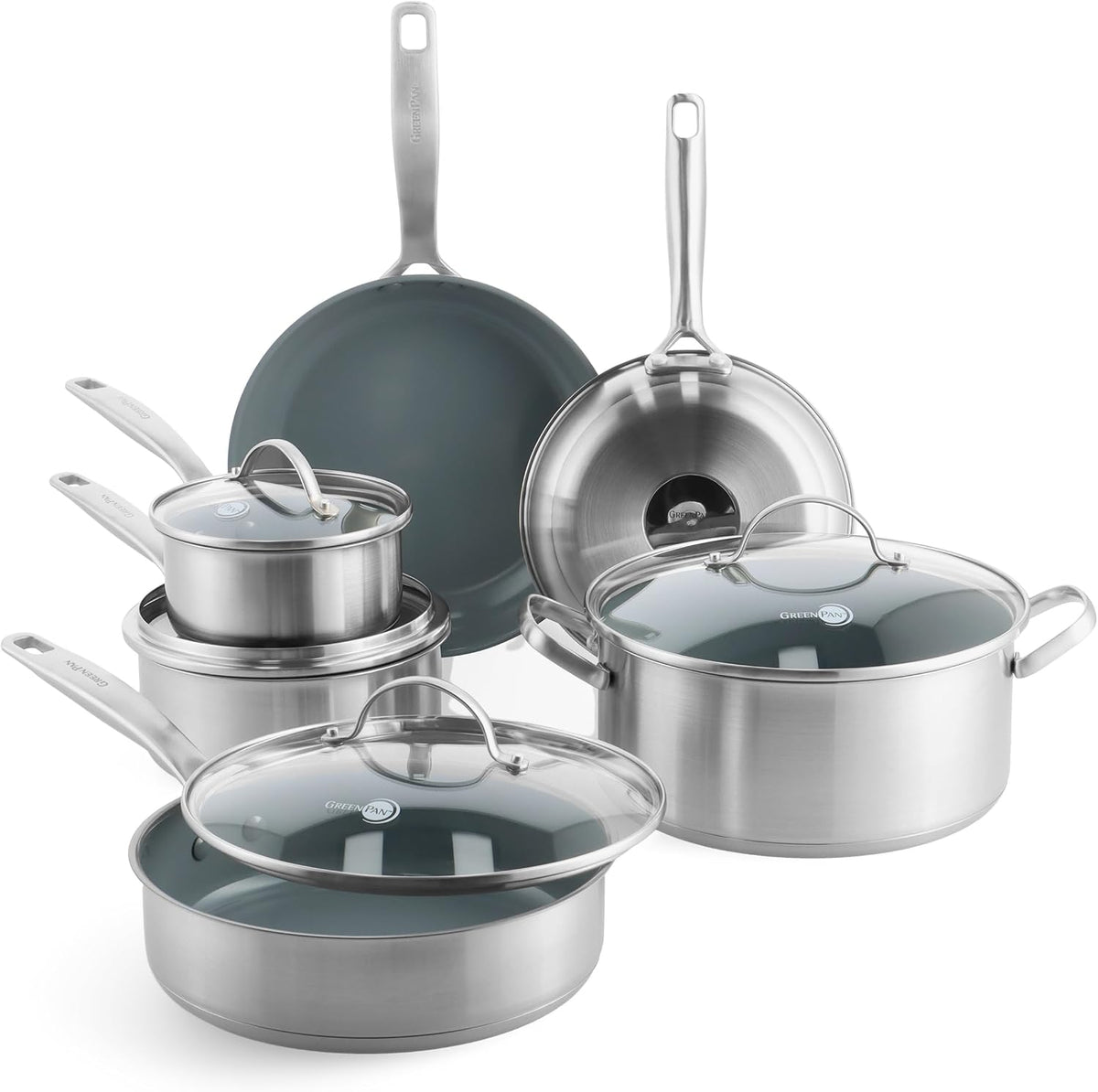 GreenPan Backofen, Silber, Treviso Edelstahl Gesunde Antihaftbeschichtung aus Keramik, inkl. Bratpfannen, Sautierpfanne