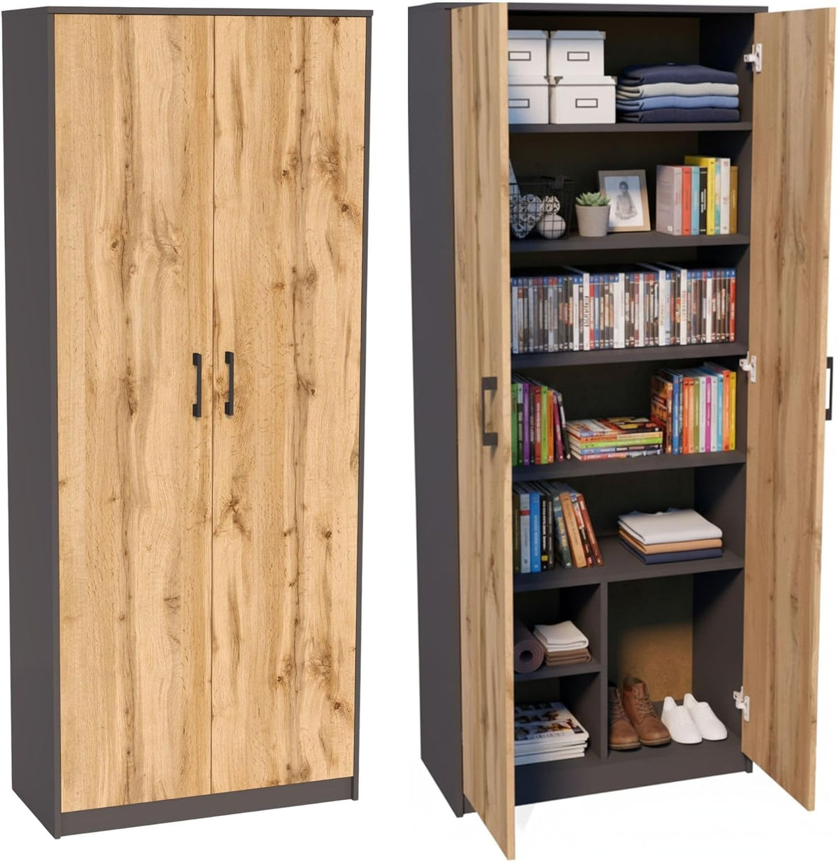 Home Collective Bücherregal, 74 cm, Laminierte Platte, Graphit/Eiche, Mehrzweckschrank mit 8 Fächern Besenschrank
