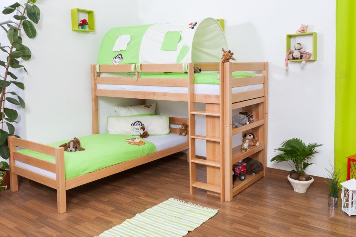 Steiner Shopping Bettrahmen, 90 x 200 cm, Natur/Grün/Weiss, Kinderbett Etagenbett Moritz L Buche Vollholz massiv natur