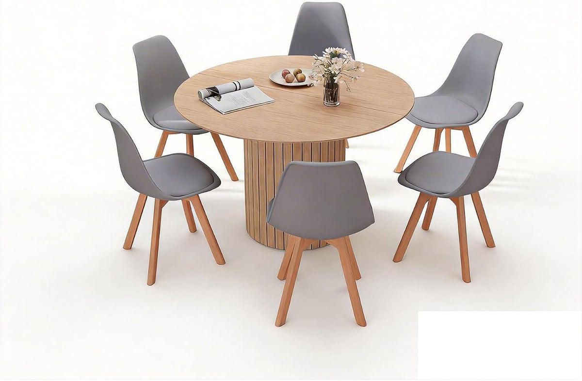 HJhomeheart Essgruppe, 120 cm, Hellbraun/Grau, runder Esstisch mit 6 Esszimmerstühlen, runder Küchentisch mit Holzfuss