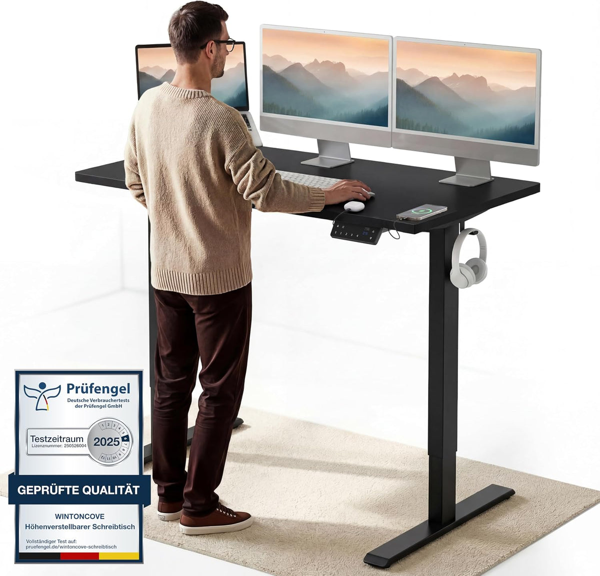 WINTONCOVE Schreibtisch, 120x60 cm, Schwarz, Elektrisch Höhenverstellbarer 160x80 & - Flüsterleiser, Anti-Kollision