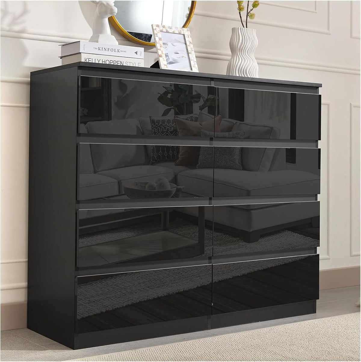 HTI living Sideboard, Schwarz, Kenji 8 Schubladen Hochglanz Kommode