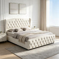 EZSSW Bett, 140x200 cm, Creme, Polsterbett mit hydraulischem Stauraum, Samt Bettgestell mit Lattenrost & Modernem Kopfteil