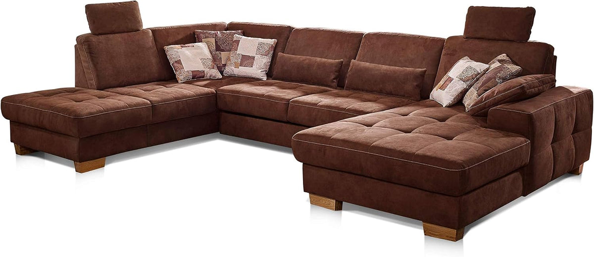 CAVADORE Sofa, 340 x 86 x 224 cm, Braun, Wohnlandschaft Puccino mit Federkern, verstellbarer Rückenlehne und 2 Kopfstützen /