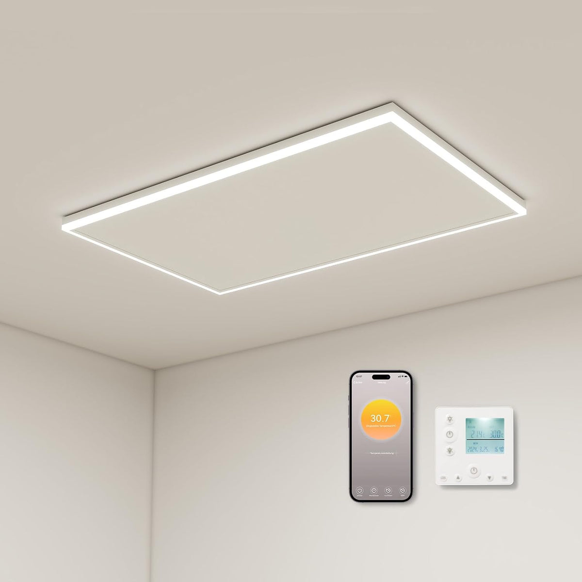 byecold Elektroheizkörper, Schwarz, Infrarotheizung Deckenmontage 700 Watt, Deckenheizung Infrarot mit LED Beleuchtung