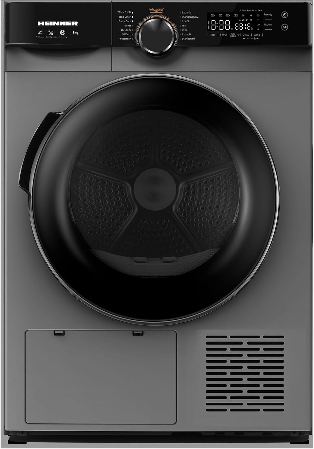 HEINNER Wärmepumpentrockner, 8 kg, Schwarz, HHPD-M8K3SA++, Energieeffizienzklasse D, LED-Display, Sensor-Trocknung