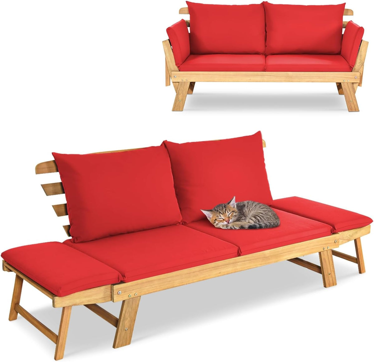 GIANTEX Sitzbank, Rot, Liegesofa mit klappbaren Seitenlehnen, Gartenbank mit Auflagen, Sonnenliege Gartenliege aus Akazienholz