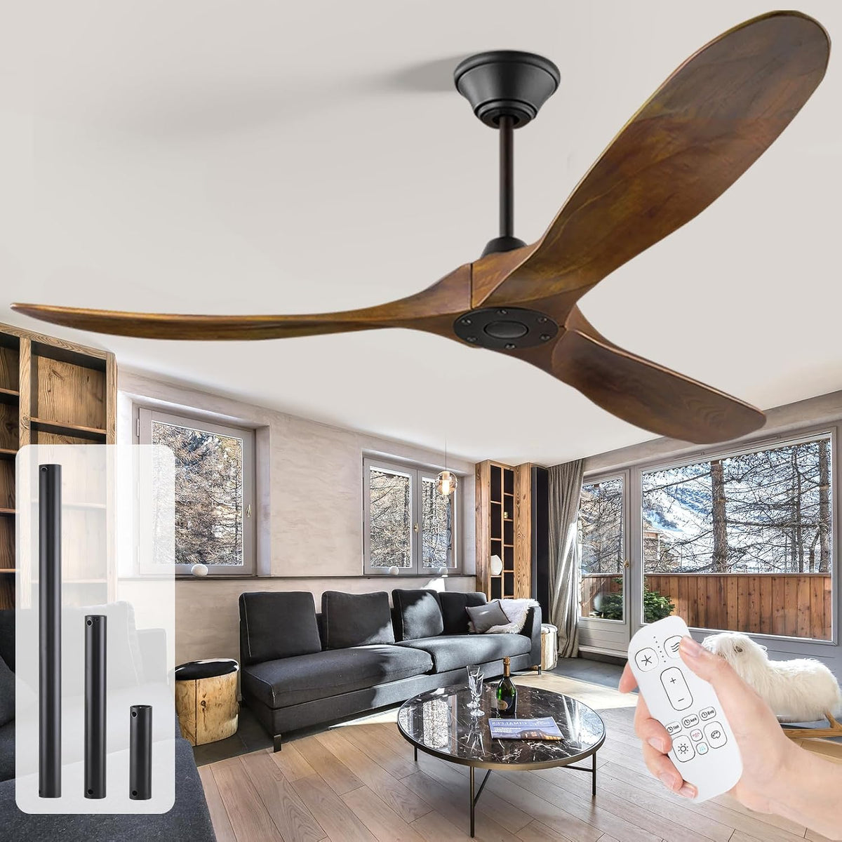 MSHENUED Deckenventilator, 152 cm, Weiss, Massivholz- ohne Licht mit Fernbedienung, Indoor Outdoor Rustikaler für den Aussenbereich mit drei