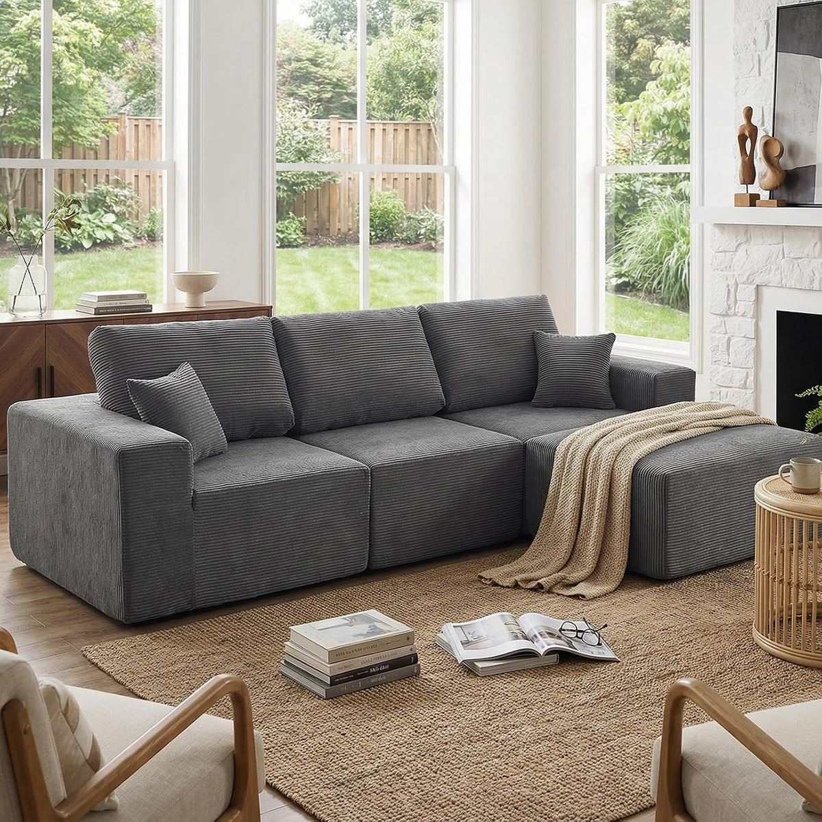 CHOSHOME Sofa, 275 cm, Dunkelgrau, Ecksofa mit Schlaffunktion - Big Modulares L-Form Cloud, Cord Boneless Bed mit Ottomane