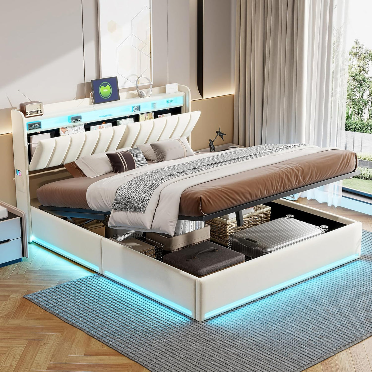 Zorvani Matratze, 140x200 cm, Beige, Polsterbett Doppelbett, Hydraulisches Bett Stauraumbett mit LED & USB Aufladen