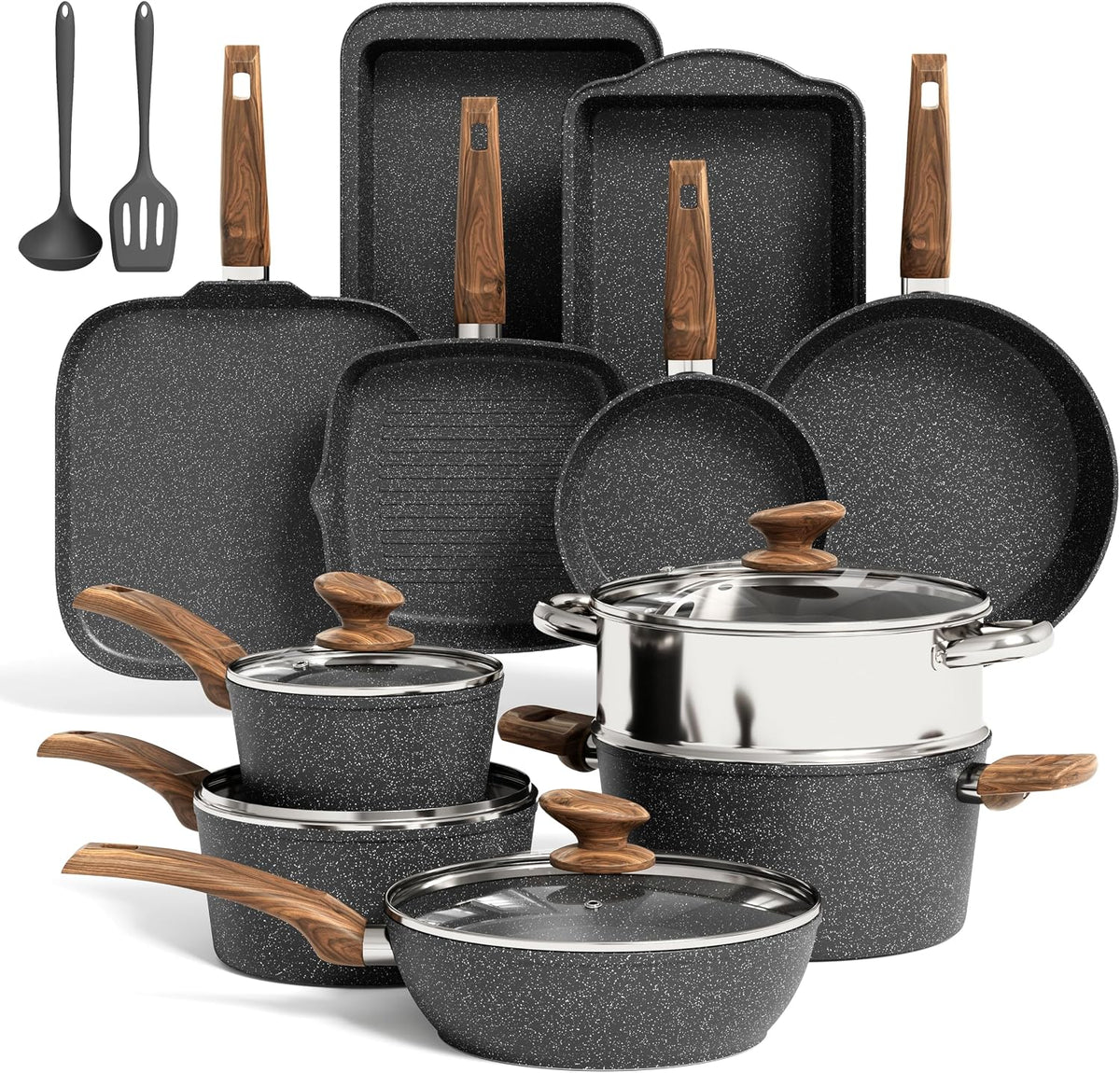 KITCHEN ACADEMY BETTER LIVING THROUGH COOKING PERFECTION Gasherd, Schwarz, 17-teiliges Topfset Induktion, Granit Topf und Pfannenset