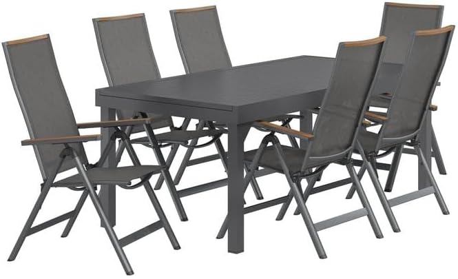 OUTLIV Essgruppe, 320x100,5 cm, Dunkelgrau/Anthrazit, . Gartenmöbel Set Jacob Aluminium Textilene 6 Klappsessel