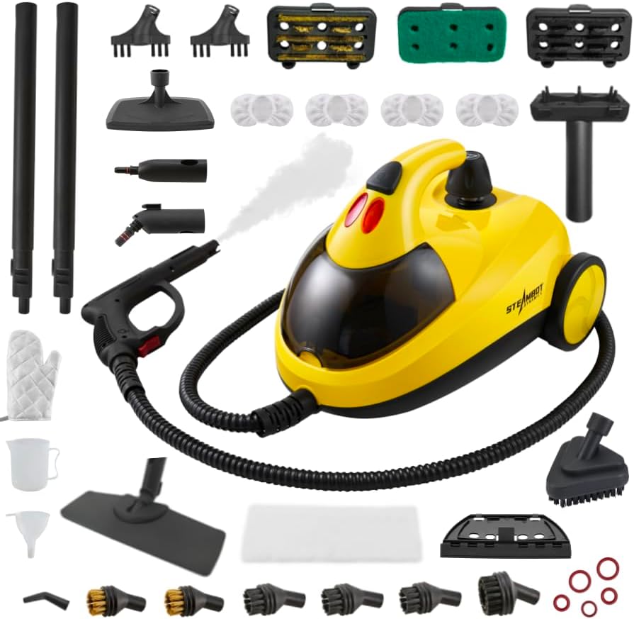 STEAMBOT Dampfreiniger, 1,3 m, 2 L, Schwarz, 37-in-1 Mopp für Haus & Auto, Wassertank, Schlauch, Tiefe Dampfreinigung für Böden