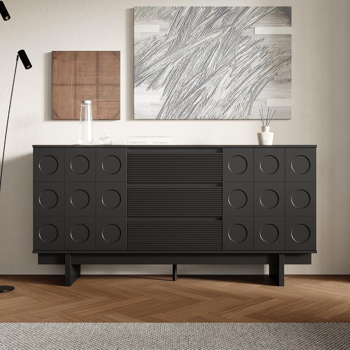 PREMTURE Sideboard, 160 x 40 x 80 cm, 80 kg, Schwarz, Modernes mit 3 Schubladen und 2 Türen, Design-Kommode mit viel Stauraum