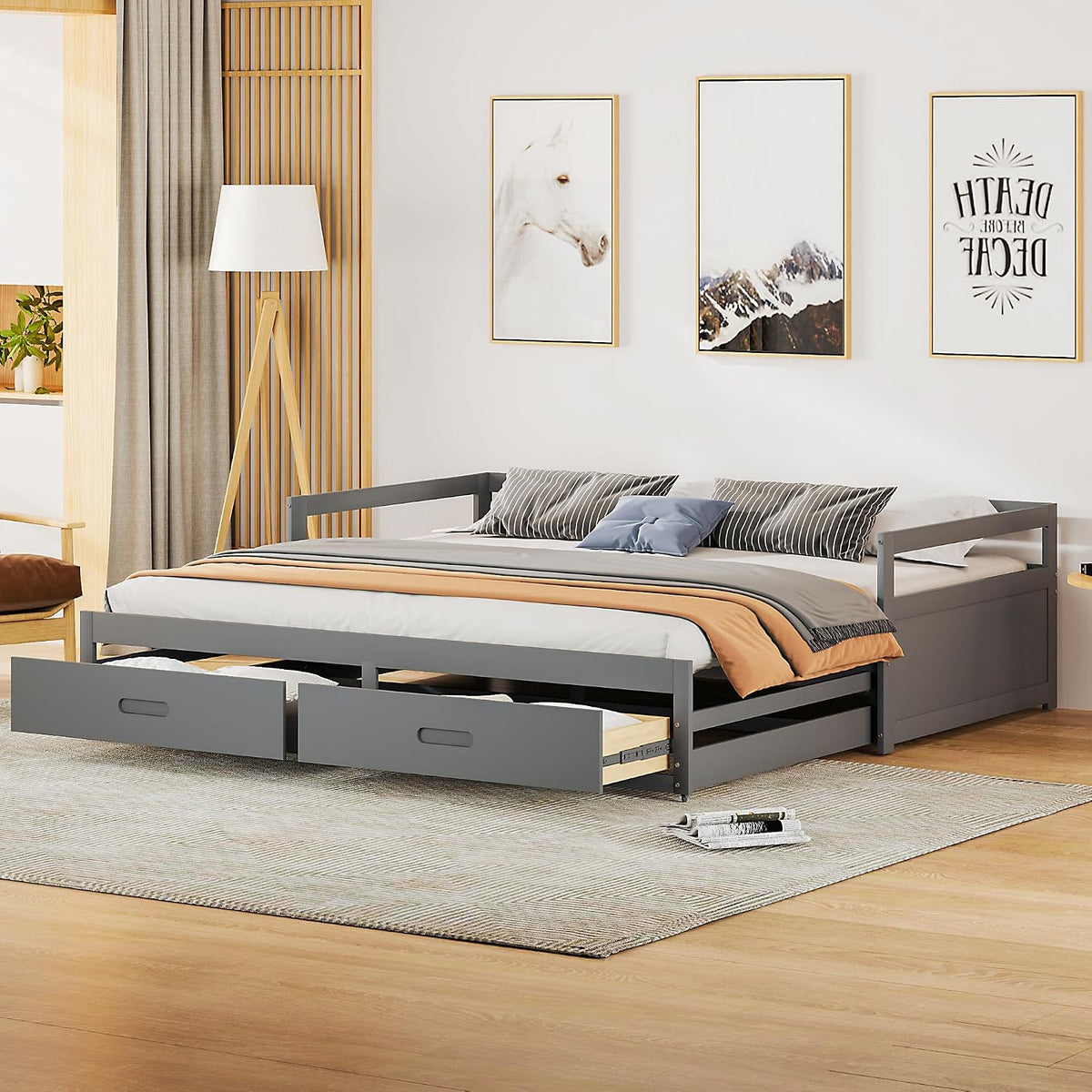 Merax Sofa, 200 cm, Grau, Kinderbett 90/180*, Ausziehbares Schlafsofa mit 2 Schubladen, Einzelbett mit Lattenrost Lattenrosten