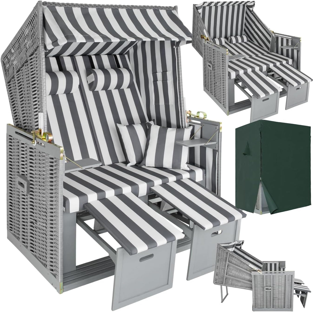 tectake Strandkörbe, Holz, Polyethylen,Textilteile aus 100% Polyester, Grau/Weiss
