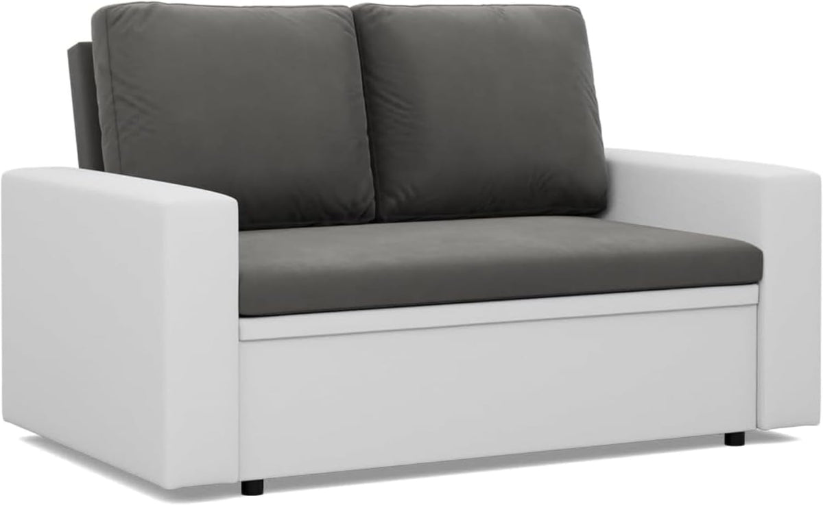 Sofa Mebligo, Grau/Weiss, Zweisitzer Wohnzimmer mit Schlaffunktion, Bettkasten und Kunsteleder 148x90x87 (BxHxT) Grau und Weiss