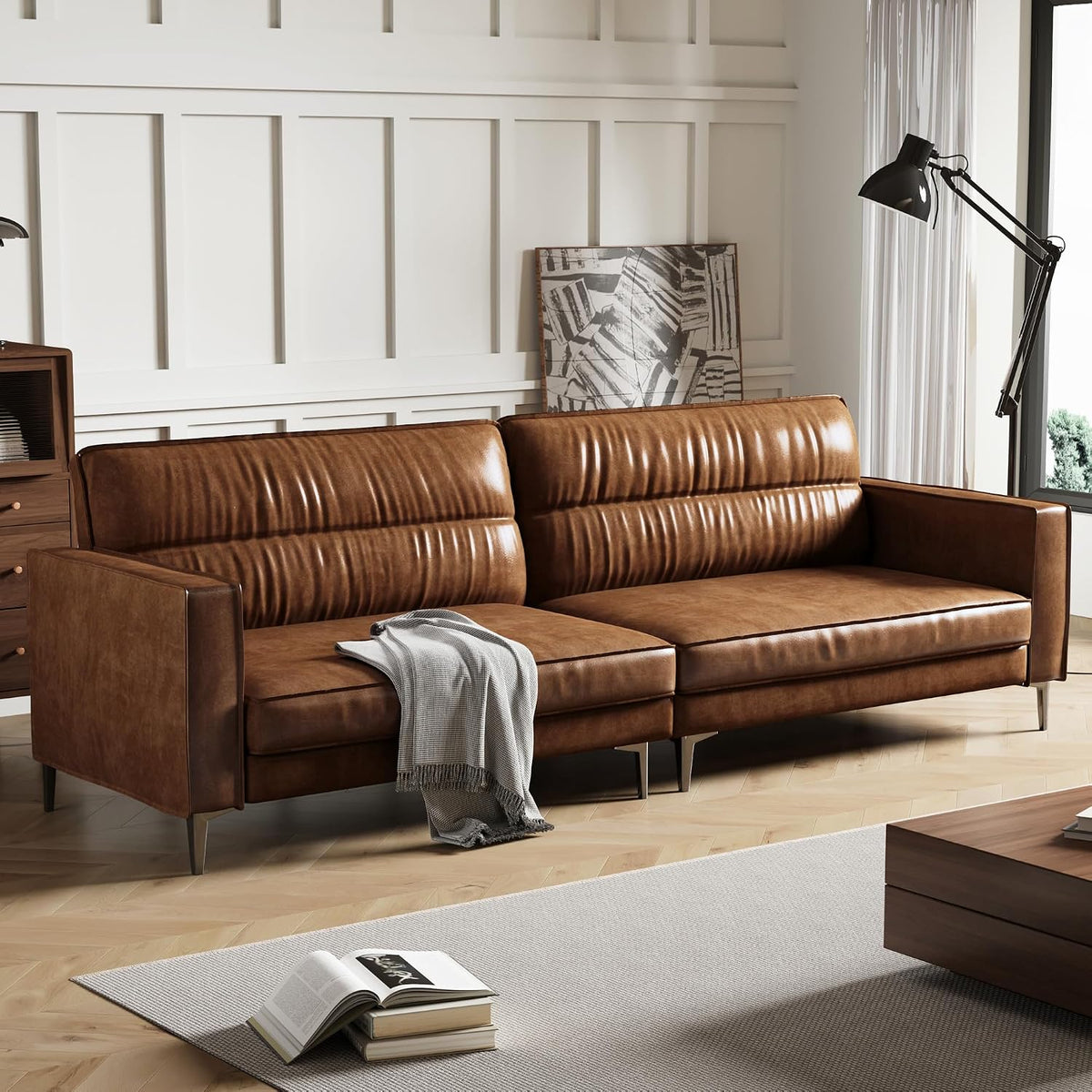 OLEYLUCKIDEA Sofa, Braun, 3-Sitzer in Vintage Lederoptik, Kompaktes Kunstleder mit Knopfheftung, Metallfüssen & Geraden Armlehnen