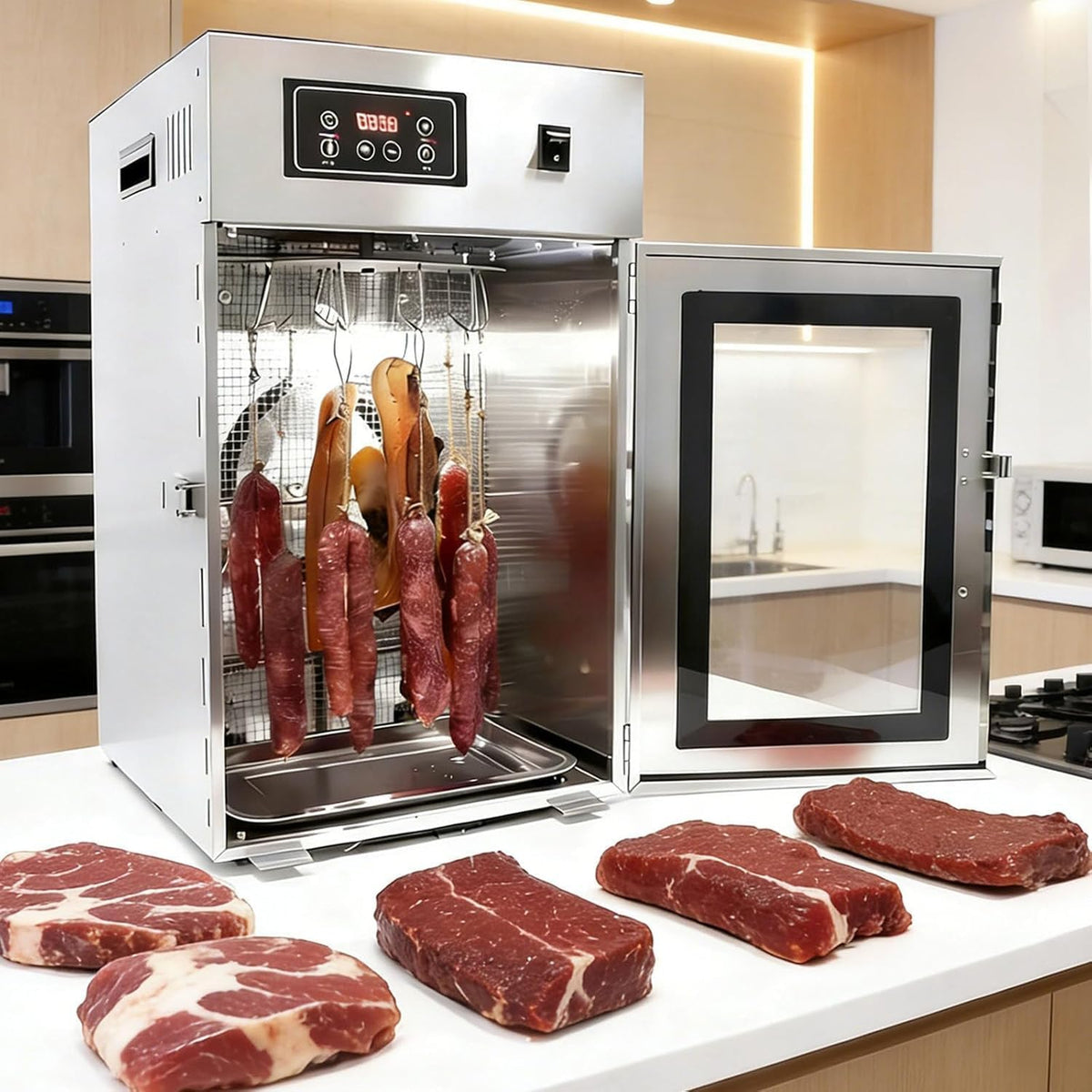 Suyaoquant Reifeschrank, 340 × 400 × 550 mm, 7.5 kg, Edelstahl, Silber, Dry Aged, Edelstahl mit 360° Luftzirkulation