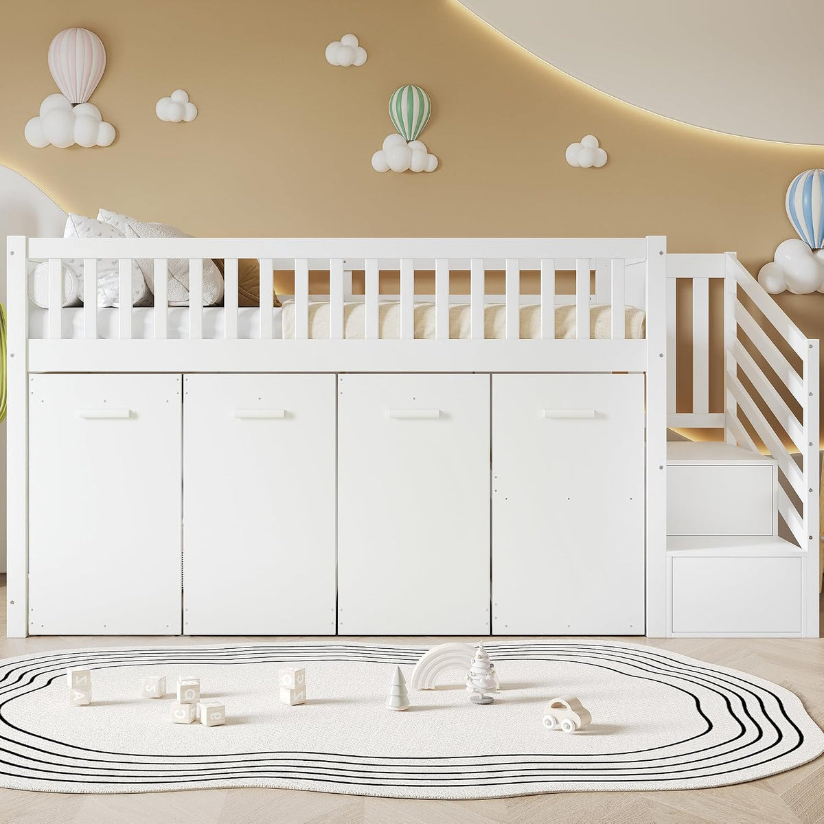 FAYICIC Bett, 90x200 cm, Weiss, Etagenbett, Multifunktionsbett, Hochbett mit Schreibtisch und Schrank, Ausziehbarer Schreibtisch Kinderhochbett