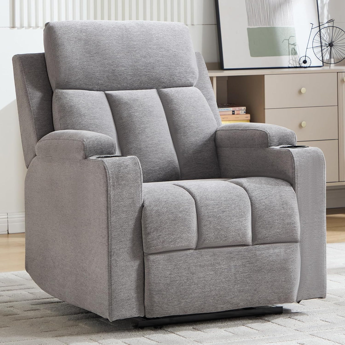 Simore Relaxsessel, 150 kg, Hellgrau, mit Liegefunktion, Fernsehsessel Manueller mit Getränkehalter, TV-Sessel mit Fussstütze und weicher Kopfstütze