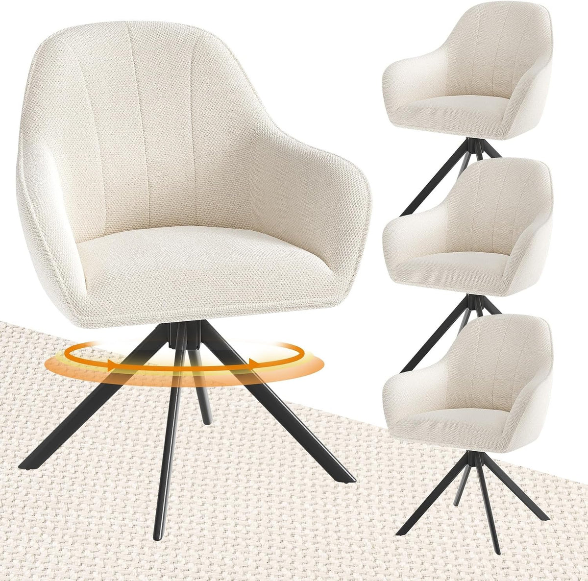 Hawthyhome Esszimmerstuhl, 5 cm, Beige/Schwarz, Esszimmerstühle drehbar 4er Set mit Armlehne, Polsterstuhl mit Kissen & Metallbeinen