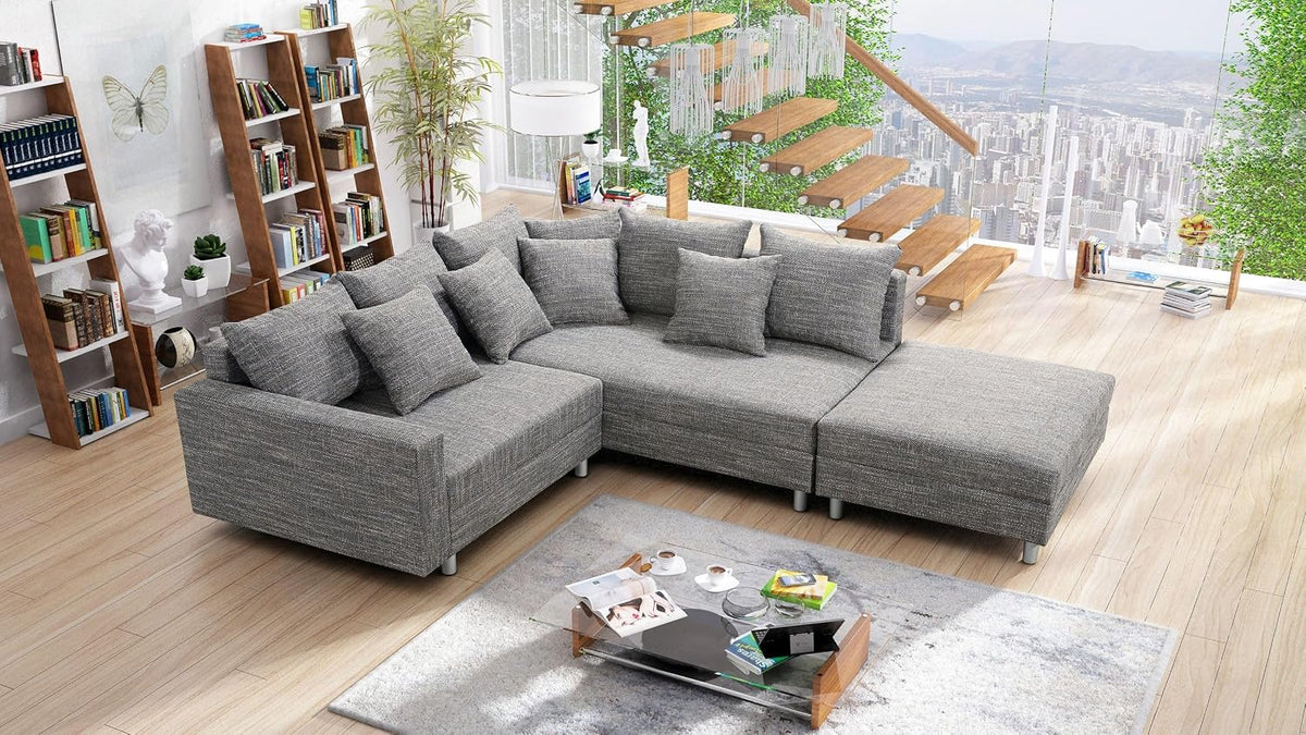 Sofa Kuechen-preisbombe, Hellgrau, Wohnlandschaft Couch Ecksofa Eckcouch Gewebestoff + Hocker