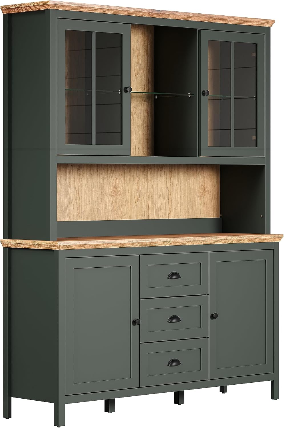 trendteam smart living Buffetschrank, 146 x 198 x 45 cm, Tannengrün/Eiche, Stanton - - Tannengrün/Evoke Eiche - Vitrine inklusive