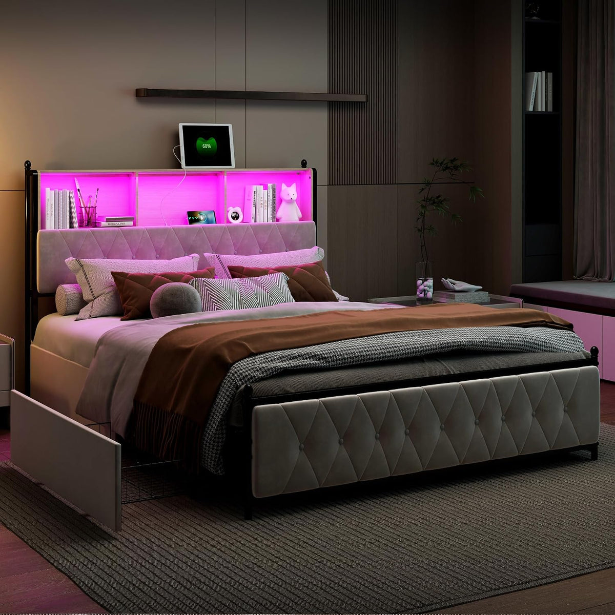 BRILVERDE Bettrahmen, 140 x 200 cm, 140x200 cm, Beige/Schwarz, Polsterbett Doppelbett mit LED und USB, Bettgestell mit Lattenrost