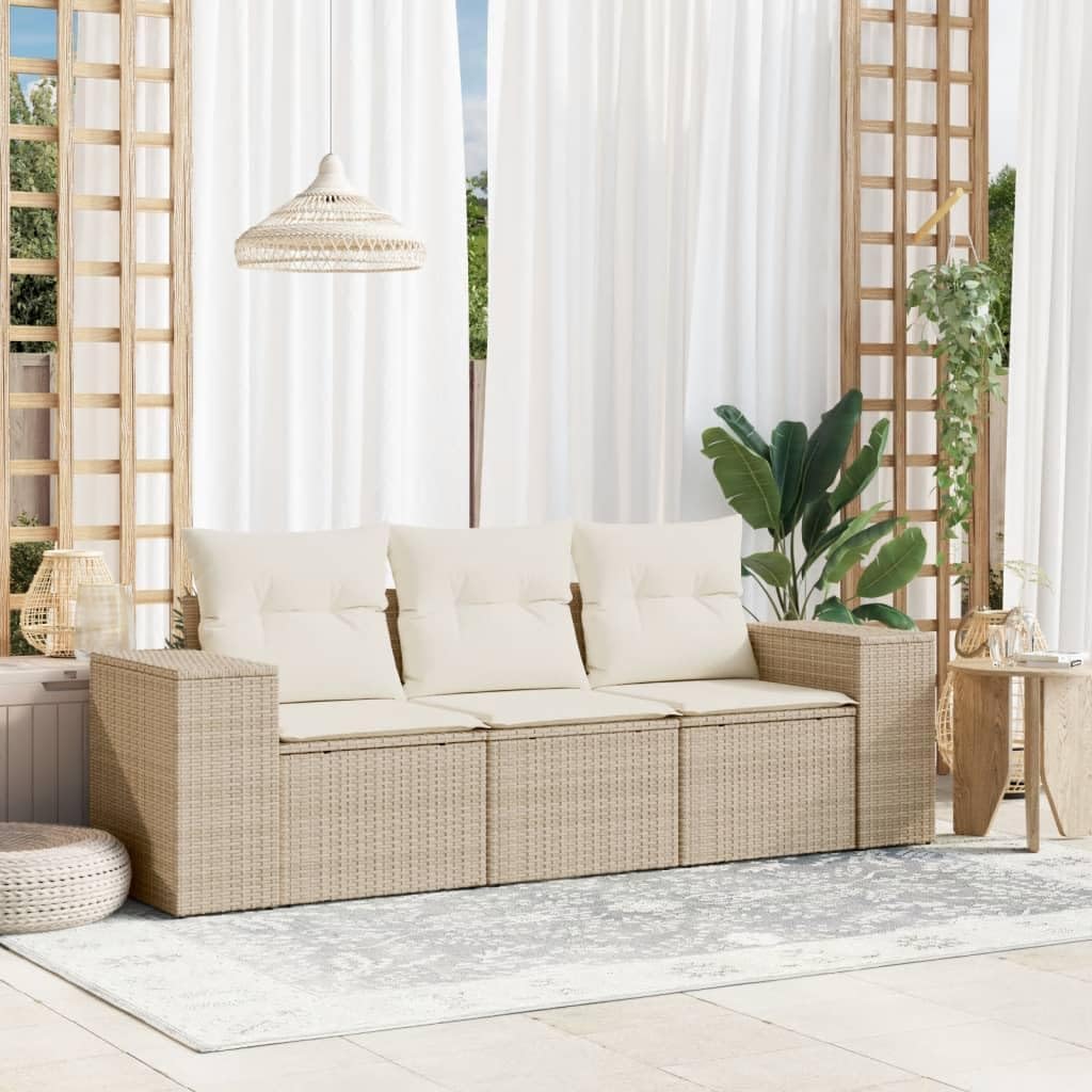 KKHOMEI Gartenmöbel-Set, Beige/Creme, Gartensofa 3 Sitzer Balkon Sofa Rattan Balkon Couch Lounge