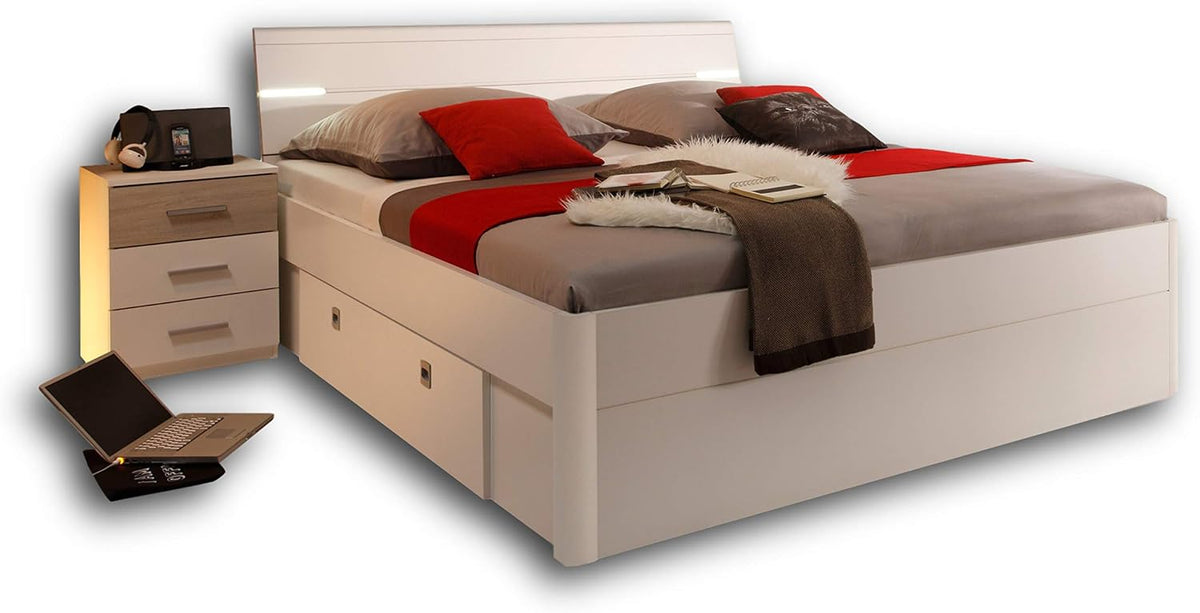Stella Trading Bett, 216 x 97 x 185 cm, 180 x 200 cm, Weiss/Eiche, MARS Stilvolle Doppelbett Bettanlage mit 2x Nachtkommoden