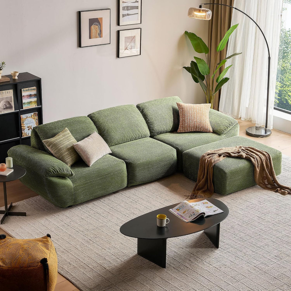 Sofa LINSY HOME, 290 cm, Grün, Ecksofa mit Schlaffunktion - Corduroy Modulares Schlafsofa, L-Form Couch inkl. Ottomane