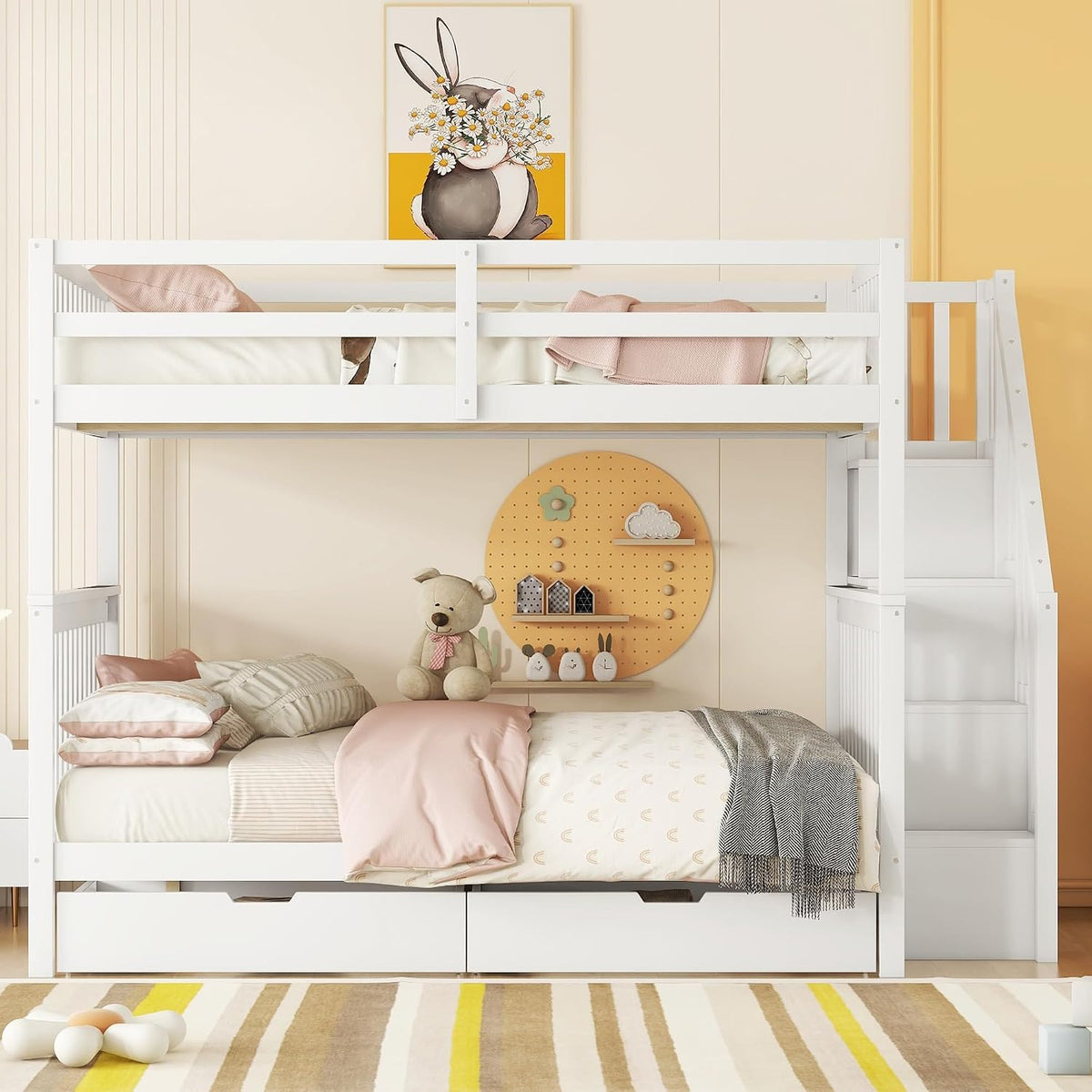 Merax Bett, 140x200 cm, Weiss, Etagenbett Kinderbett, Hochbett mit Schublade, Treppenregal und hohe Geländer, aus Kiefernholz