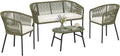 Outsunny Sofa, Grün/Creme, Gartenmöbel, 4-Sitzer, Polypropylen, rund, geflochten, mit 2-Sitzer-, 2 Sesseln und Couchtisch aus Hartglas