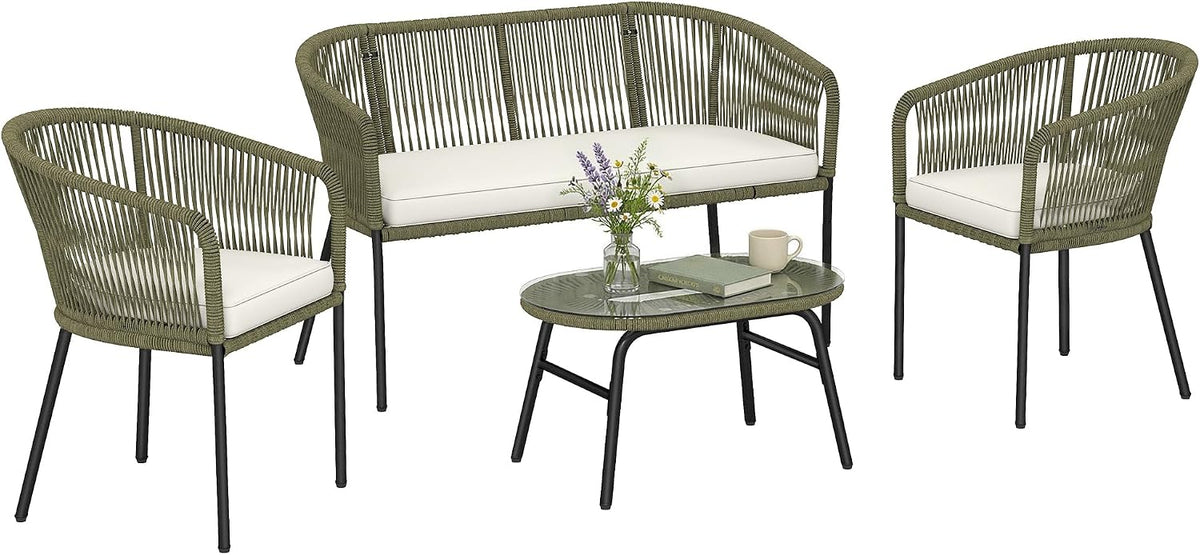 Outsunny Sofa, Grün/Creme, Gartenmöbel, 4-Sitzer, Polypropylen, rund, geflochten, mit 2-Sitzer-, 2 Sesseln und Couchtisch aus Hartglas