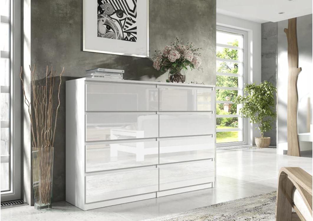 3E 3xE living.com Sideboard, 120 cm, Weiss, Kommode mit 8 Schubladen in / in Hochglanz