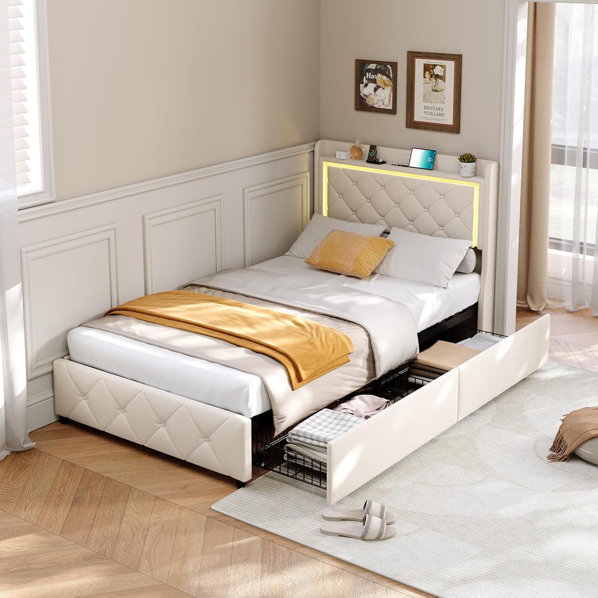 KOOPMAD Bettrahmen, Beige, Schubladenbett 90x200, Bett mit Bettkasten, Polsterbett mit Stauraum, Einzelbett mit LED und USB
