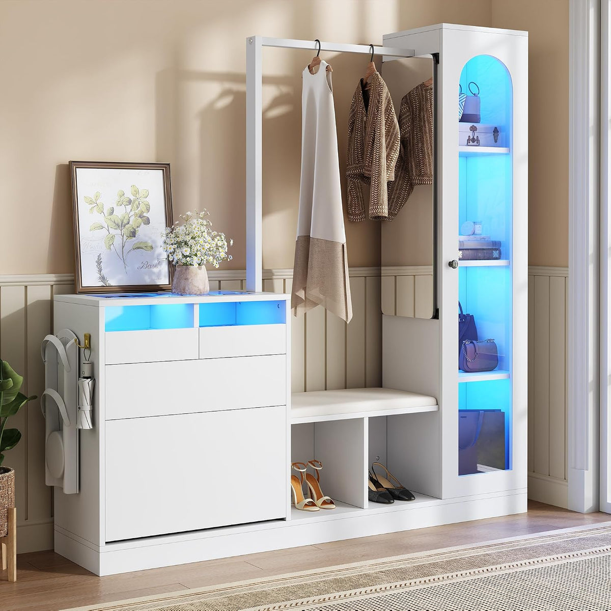 Gxffipw Schuhschrank, 161 cm, Weiss, 6-in-1 Multifunktionales Garderobe Set Hohes mit Schuhbank, Garderobenset mit Glasvitrine und LED-Licht