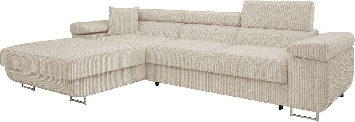 Sofa Mirjan24, Beige, Ecksofa Torezio Mini Cord mit Bettkasten, Einstellbare Kopfstützen, Bequeme Polsterung, L-Form Couch (Poso 100